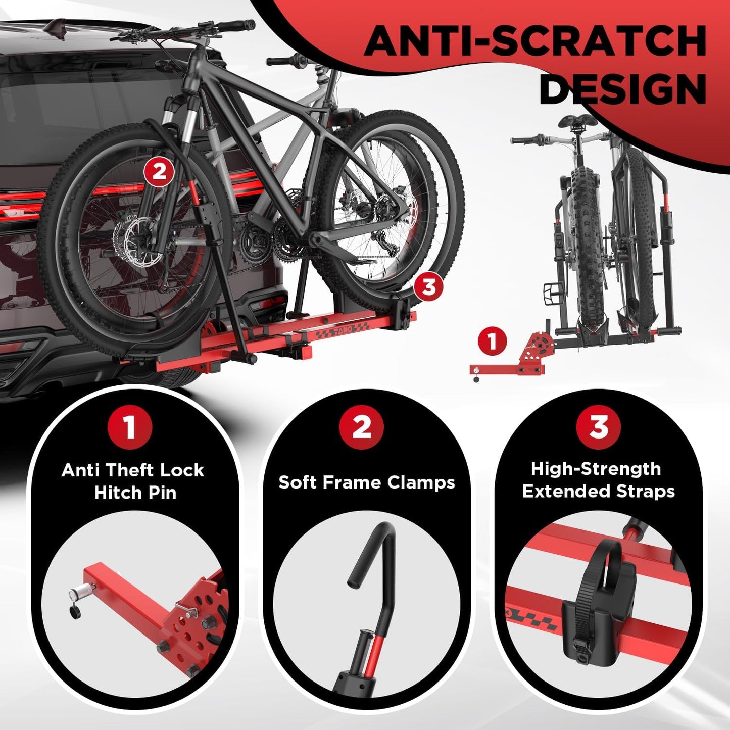 TANX Bike Rack for E-Bikes | Smart Tilting Platform for 2 Bikes | 200 lbs Capacity, Fits 2-Inch Receiver, Red