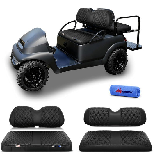 LEAPGOMAX 4PCS Golf Cart Seat Covers Front and Rear Set Fit for Club Car Precedent OEM Standard Seat Seat Thick Leather Custom Diamond Comfortable, Anti-Scratch, No Staples Black