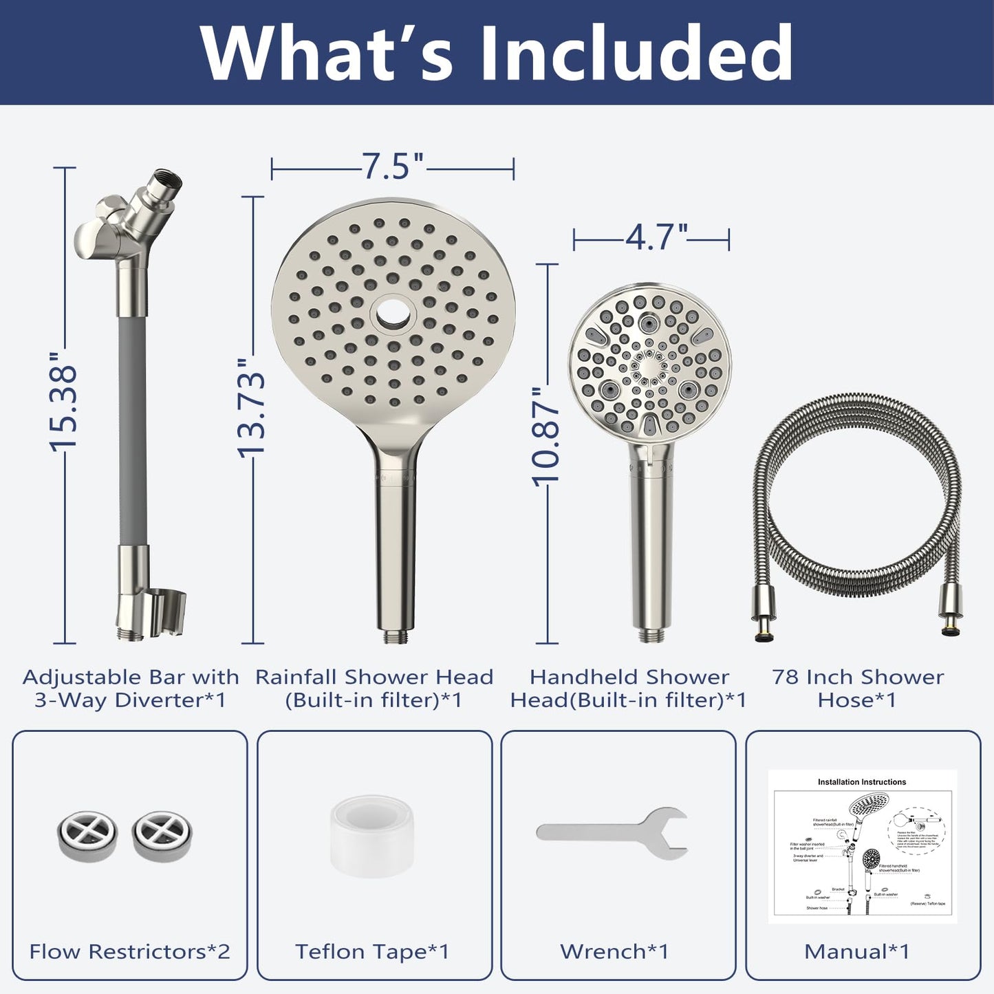 HANLIAN Filtration Shower Heads with Handheld Spray Combo, High Pressure Rainfall Shower Head with Handheld Combo, Filtered Dual Shower Head with Hand Held, Double Shower Heads (Brushed Nickel)