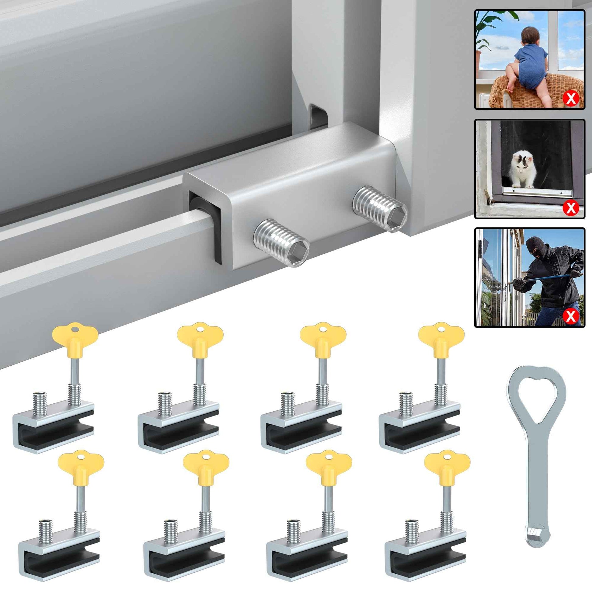 RELIANCER 8 Sets Sliding Window Locks,Aluminum Security Door Window Stoppers,Adjustable Safty Windows Lock for Horizontal & Vertical Fenster Doors,Child Proof Slider Windows Blocker for Home Safety