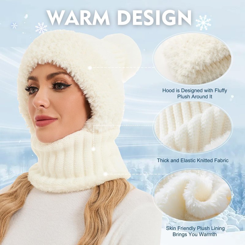 Sumolux 3 in 1 Beanie Hats for Women Fleece Lined Scarf and Mask Outdoors Windproof Knitted Ski Mask Set White