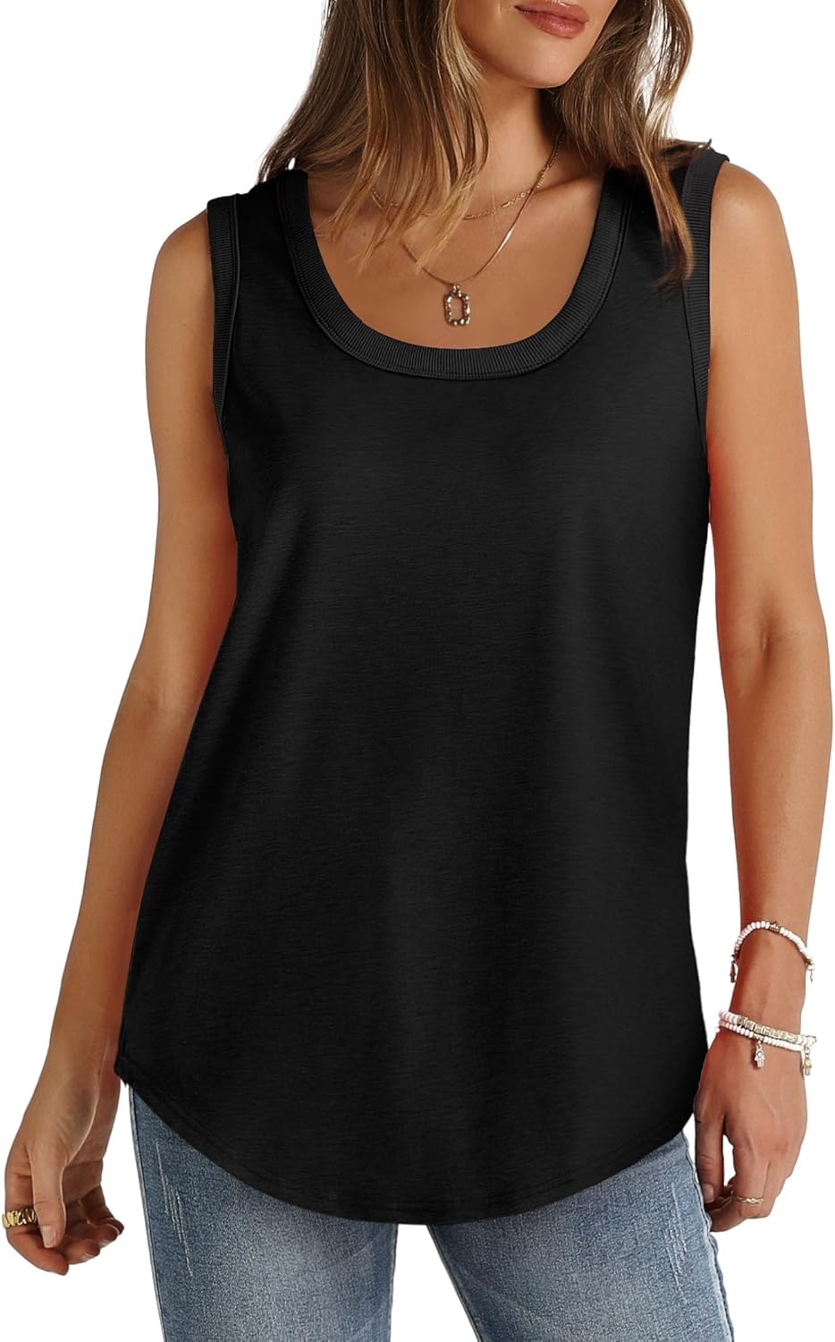 Saloogoe Women's Tank Tops - Summer Loose Sleeveless Design with Ribbed Trim & Scoop Neck | Curved Hem