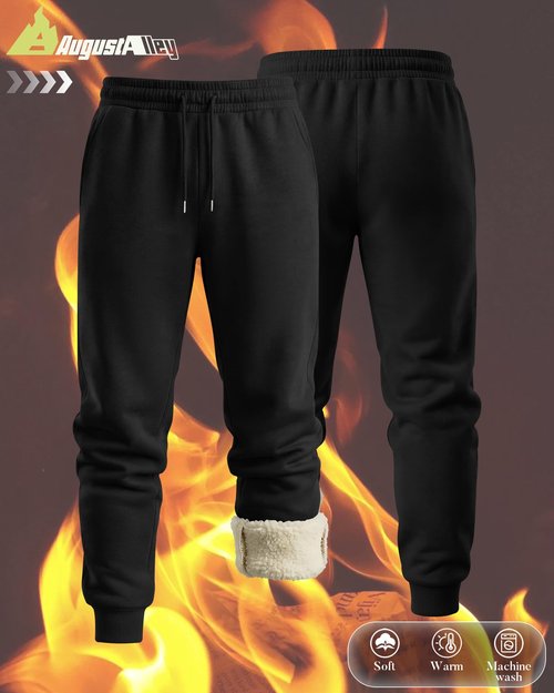 August Alley Men's Fleece Jogger Pants Sherpa Lined Sweatpants Winter Thermal Pants Thick Drawstring Joggers with Pockets(Black,Medium)
