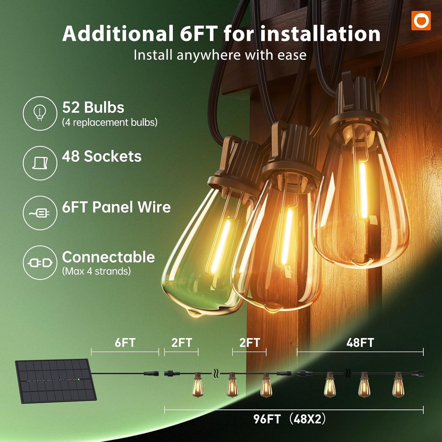 Solar String Lights Outdoor 102FT - 30+2 Waterproof LED Bulbs, Remote Control, Dimmable, 3 Modes for Patio & Garden