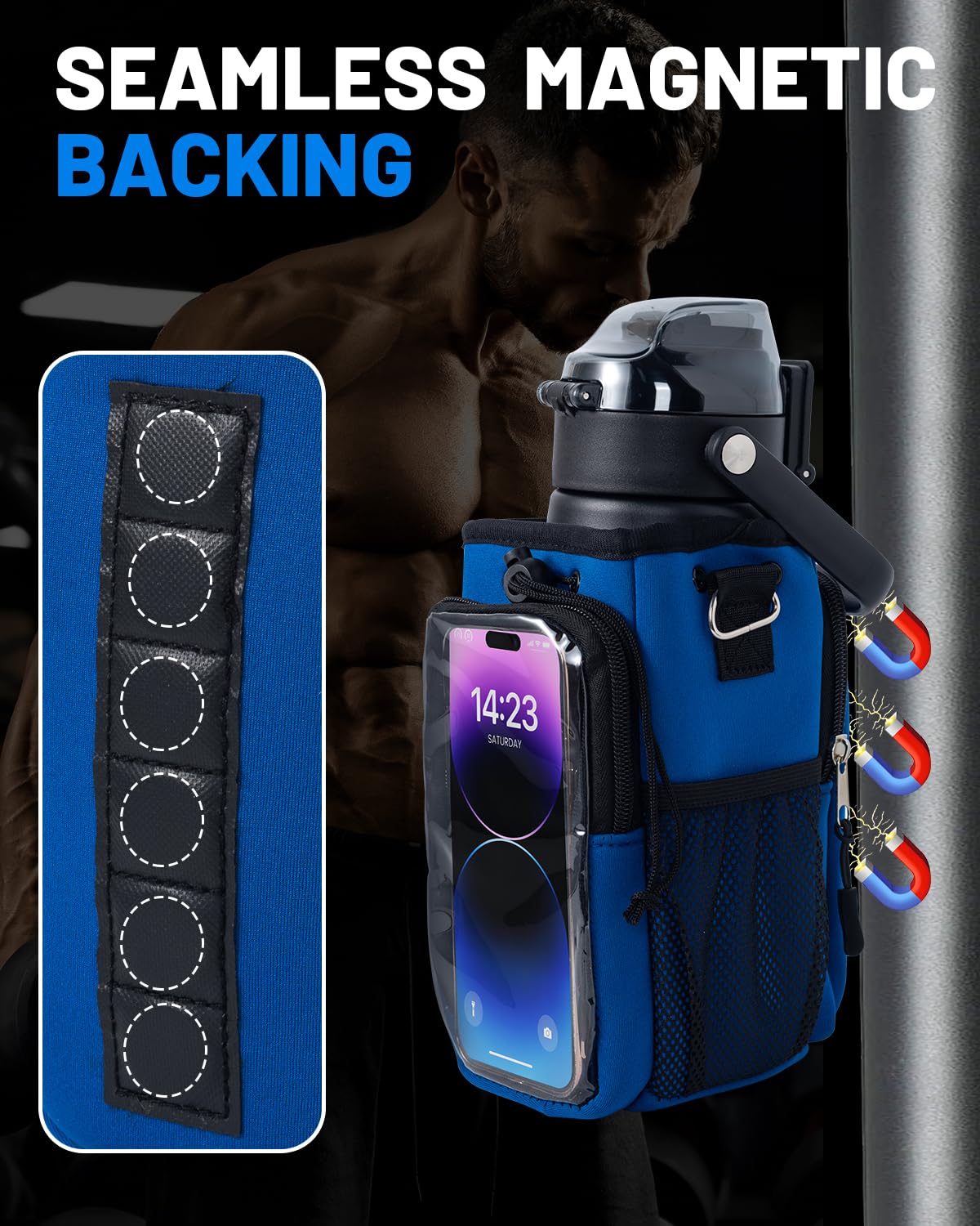 RivuletCore Magnetic Gym Water Bottle Bag Holder Carrier with Phone Pocket and Shoulder Strap Crossbody Sling Cup Pouch Sleeve Workout Essentials for Men and Women