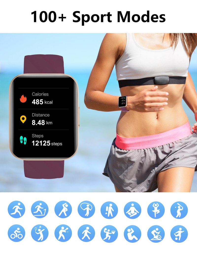 Smart Fitness Tracker Watch with Bluetooth Call, 1.85-inch Display, Heart Rate Monitor, Sleep Tracking, Purple, IP68 Waterproof, for Women