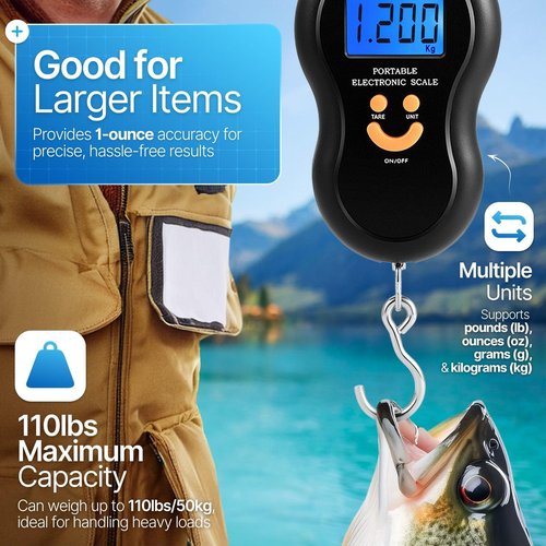 Flexzion Digital Hanging Scale - 110lb/50kg Portable Luggage & Fish Scale with LCD Display, Stainless Steel Hook
