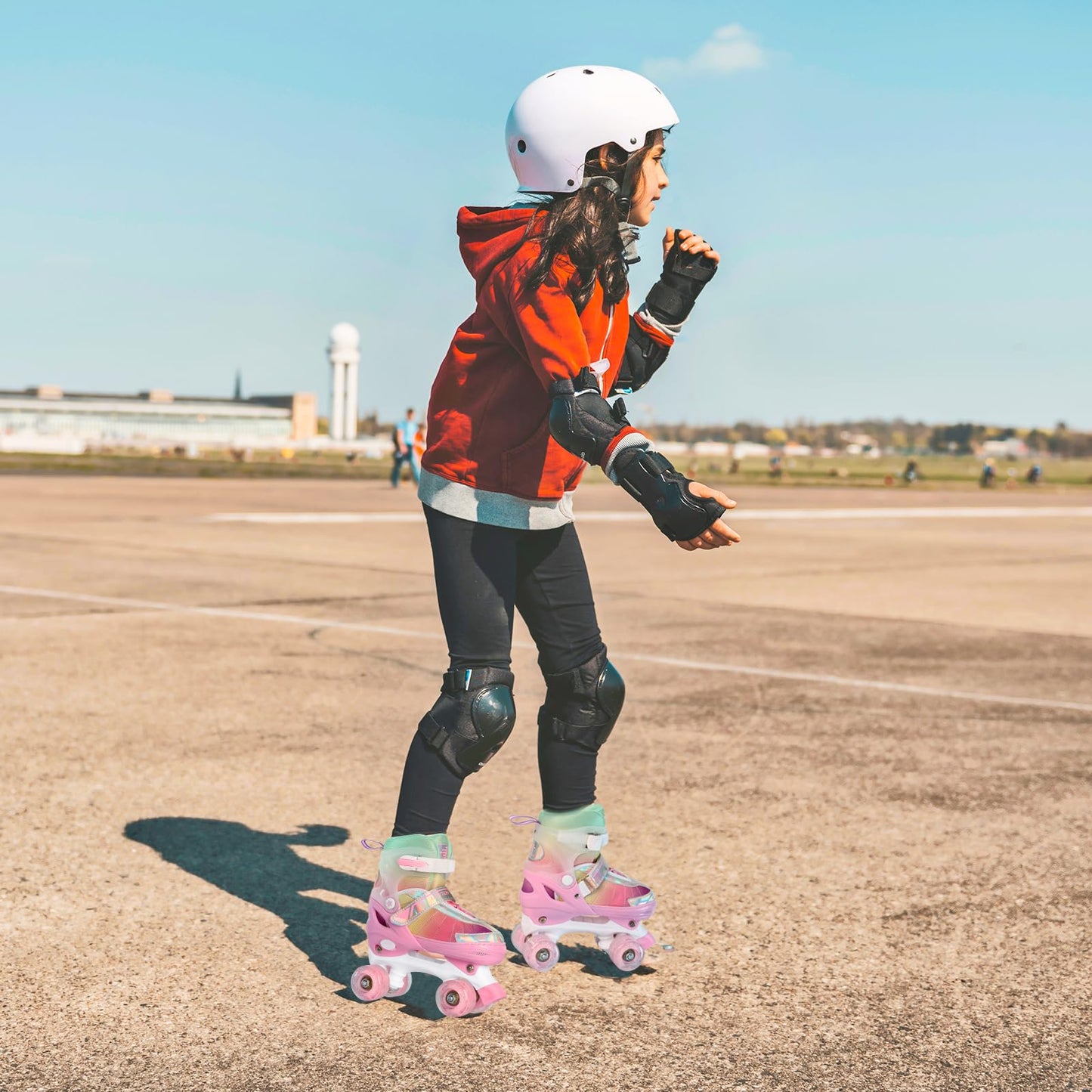 LEVYTEMP Rainbow Roller Skates for Girls Kids, Gradient Pink 4 Size Adjustable Quad Skates Size Medium Ages 6-12 with All Light Up Wheels for Kids Youth Outdoor Indoor