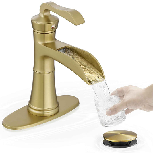 HEYMYTAP Brushed Gold Faucets for Bathroom Vanity Faucet 1 Hole, Brass 4 Inch Waterfall Bathroom Sink Faucet 3 Hole, Single Handle Bathroom Faucet with Deck Plate, Pop-up Drain and Supply Hoses
