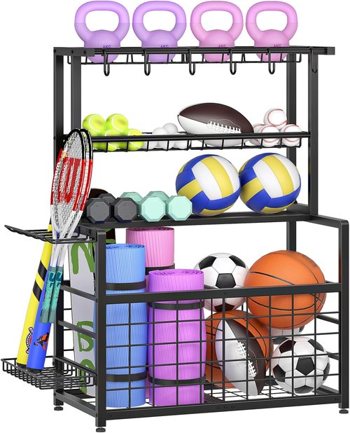 HOOBRO Ball Storage Rack - Heavy Duty Sports Equipment Organizer with Basket & Hooks | Black