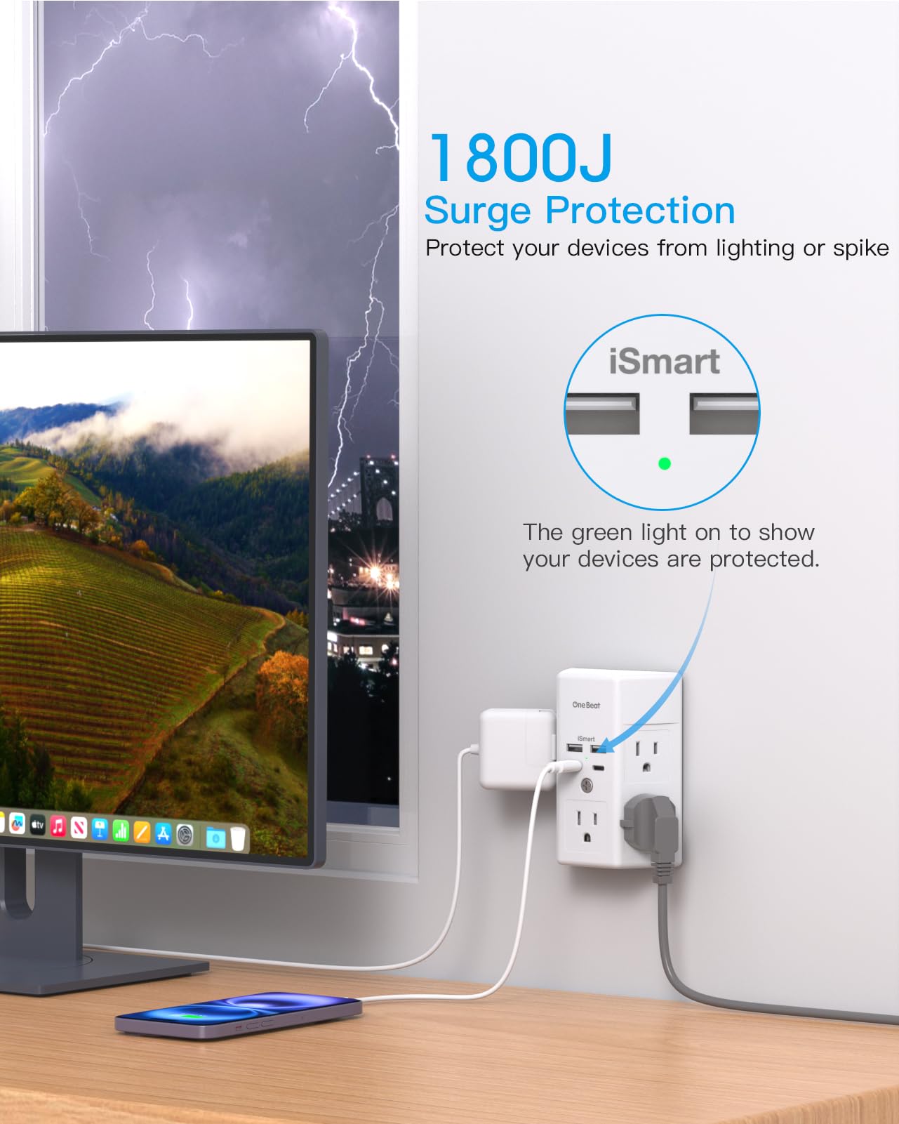 Multi Plug Outlet, Surge Protector, 5 Outlet Extender with 4 USB Ports (2 USB-C), PD 20W Wall Charger, 3-Sided 1800J Power Strip Outlets Splitter Wall Plug Adapter Spaced for Home Office, White