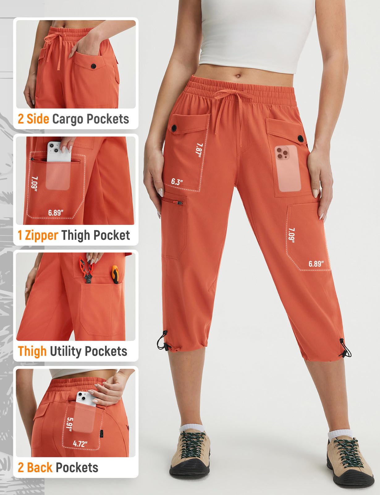baleaf Women's Capri Pants 7 Pockets Hiking Lightweight Rust XL