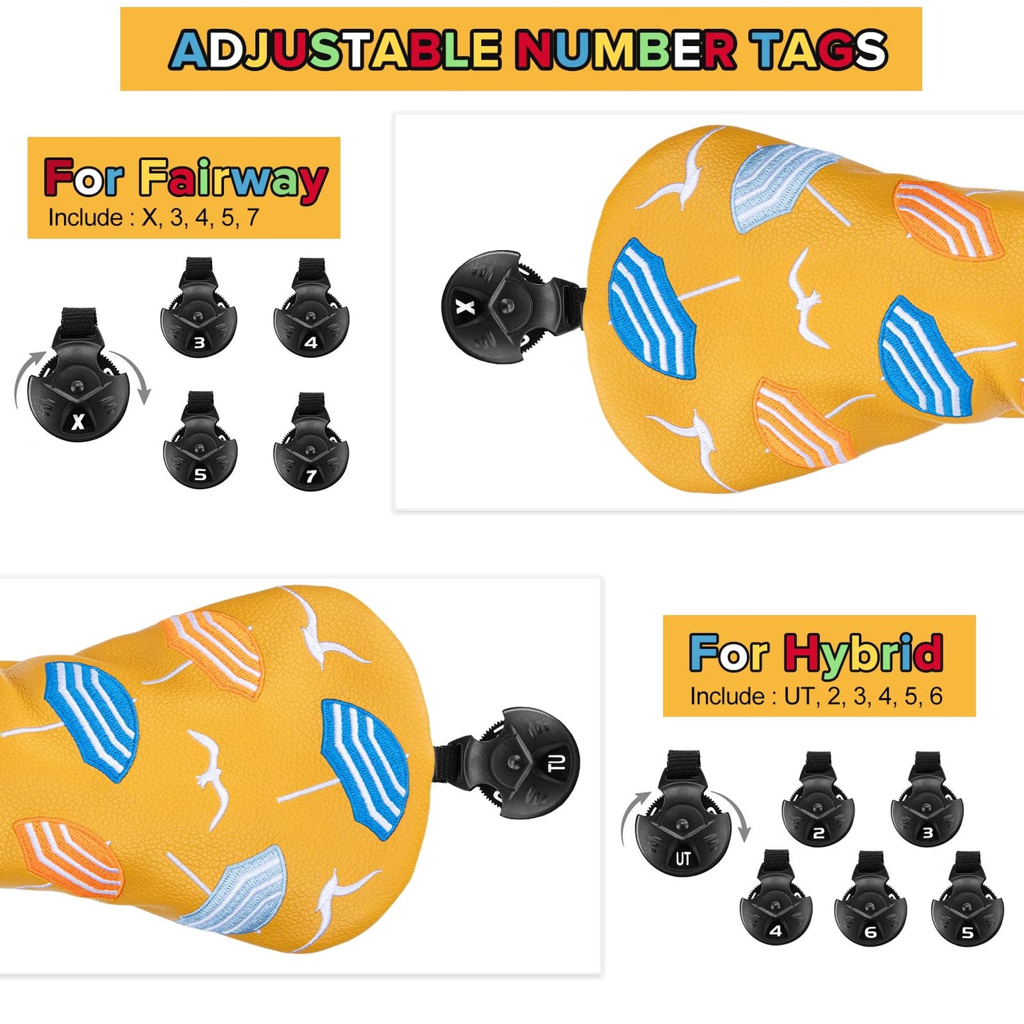 Golf Club Head Covers, Summer Beach Umbrellas Golf Driver Covers, Fairway Wood and Hybrid Head Covers with Interchangeable Tags, Premium PU Leather Golf Club Covers (Fairway)