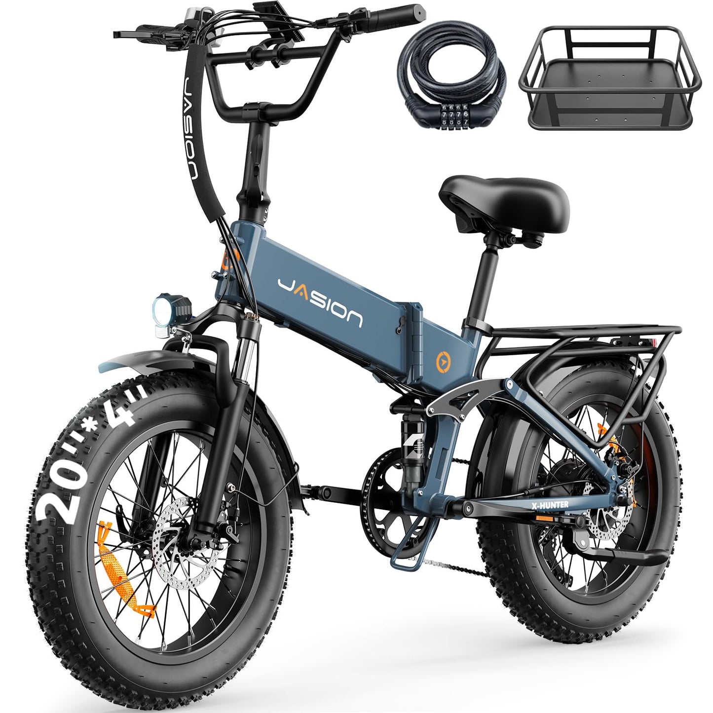 Jasion X-Hunter Foldable Electric Bike, 1400W Peak Motor, 30MPH Max Speed 70+ Miles, 48V 13AH Removable Battery, Full Suspension System, 20''*4.0 Fat Tire Ebike For Adults, 7-Speed Bicycle with Basket