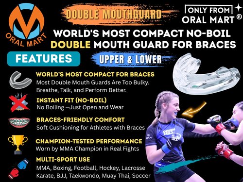 Oral Mart Braces Mouth Guard for Sports (Pure Clear) - Instant Fit (No Boil) Double (Upper & Lower) Mouthguard for Lacrosse, Hockey, Muay Thai, Football, MMA, Rugby, Karate, Boxing (with Case)