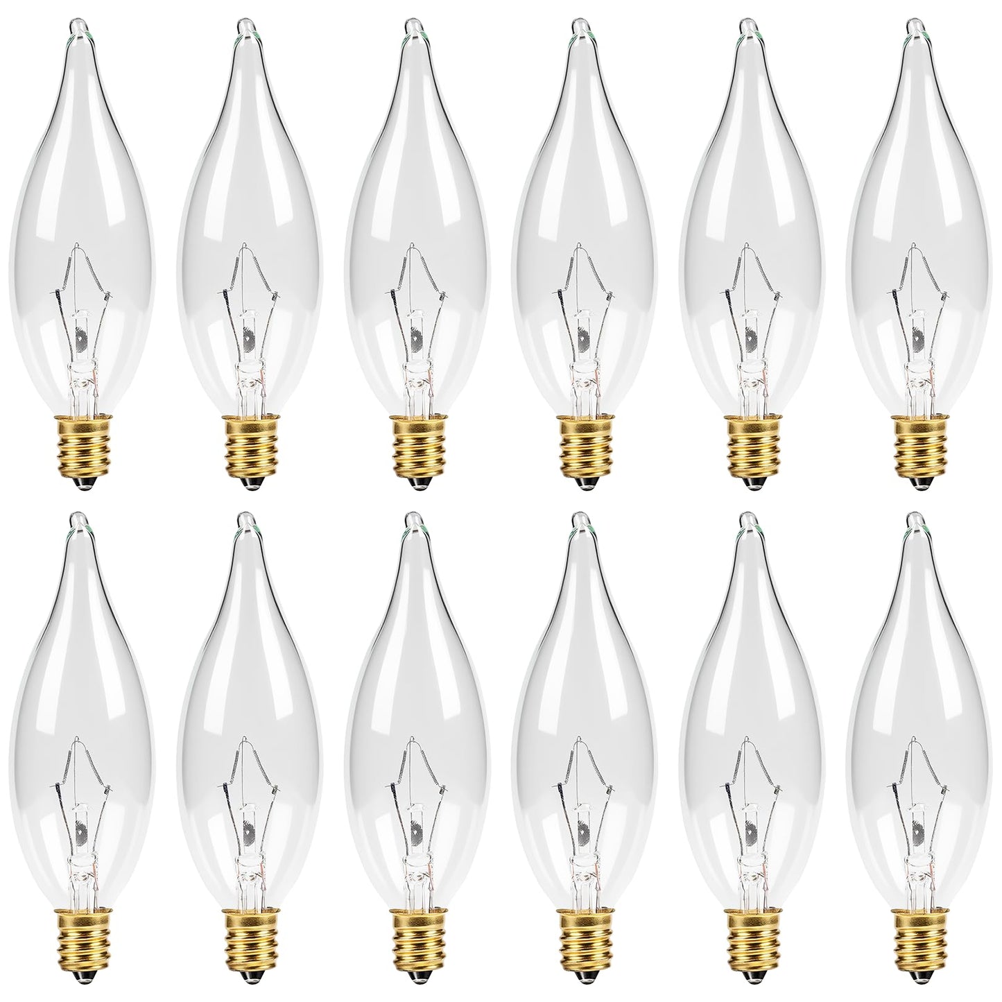 CYLYT 12-Pack E12 Candelabra Light Bulbs 25W, 2500K Warm White, 240 Lumen Dimmable Chandelier Bulb for Ceiling Fan, C10 Gold Base for Candle Bulbs, Clear Glass