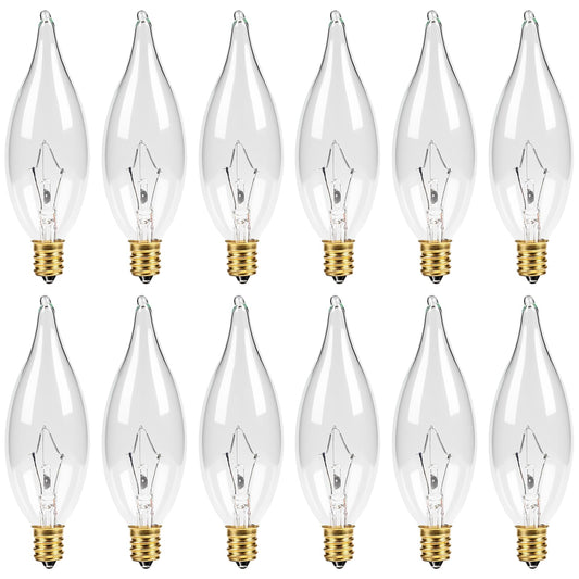 CYLYT 12-Pack E12 Candelabra Light Bulbs 25W, 2500K Warm White, 240 Lumen Dimmable Chandelier Bulb for Ceiling Fan, C10 Gold Base for Candle Bulbs, Clear Glass