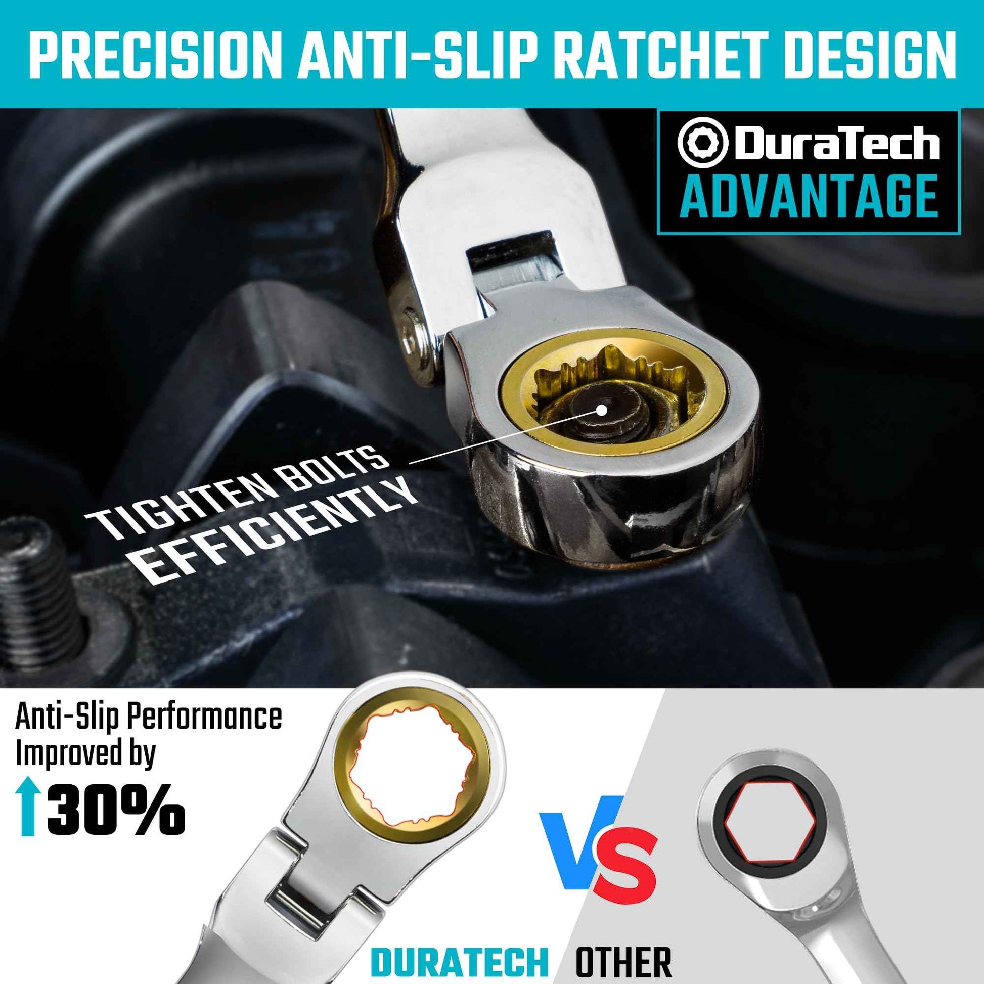 DURATECH Extra Long Anti-Slip Flex-Head Ratcheting Wrench Set, Double Box End Wrench Set, 6-Piece, Metric 8-19 mm, CR-V Steel, with Pouch