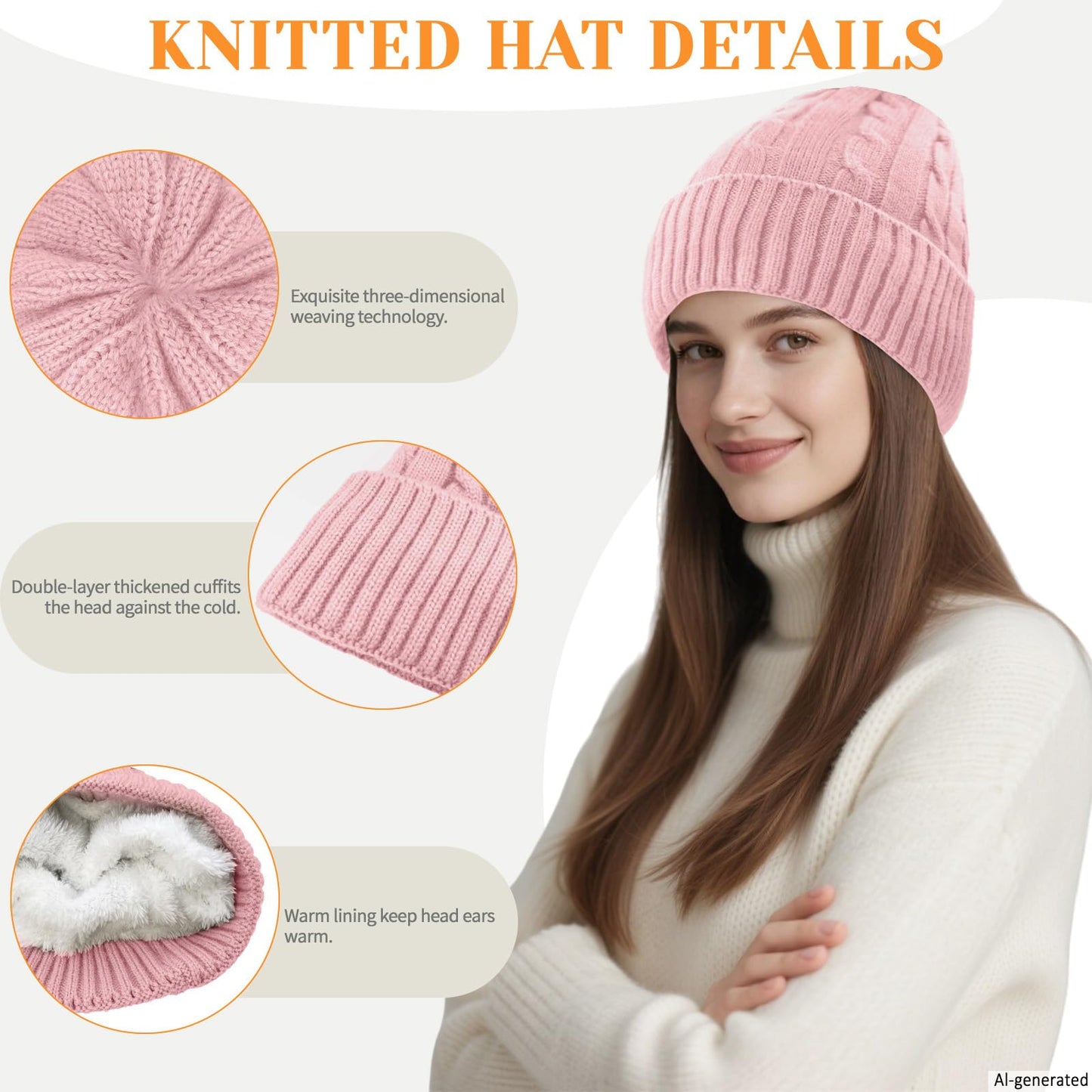Beurlike Winter Beanie Hats for Women Fleece Lined Warm Thick Soft Stretch Knit Cap for Cold Weather(Pink)