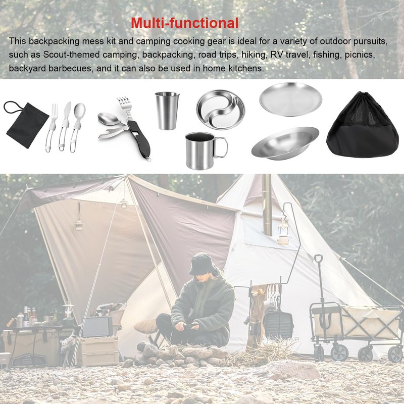 Mess Kit for Camping 1 Person, Reusable Camping Dish Set, Stainless Steel Camping Plates, Camping Dish Set with Mesh Bag Easy to Carry or Put in Backpack