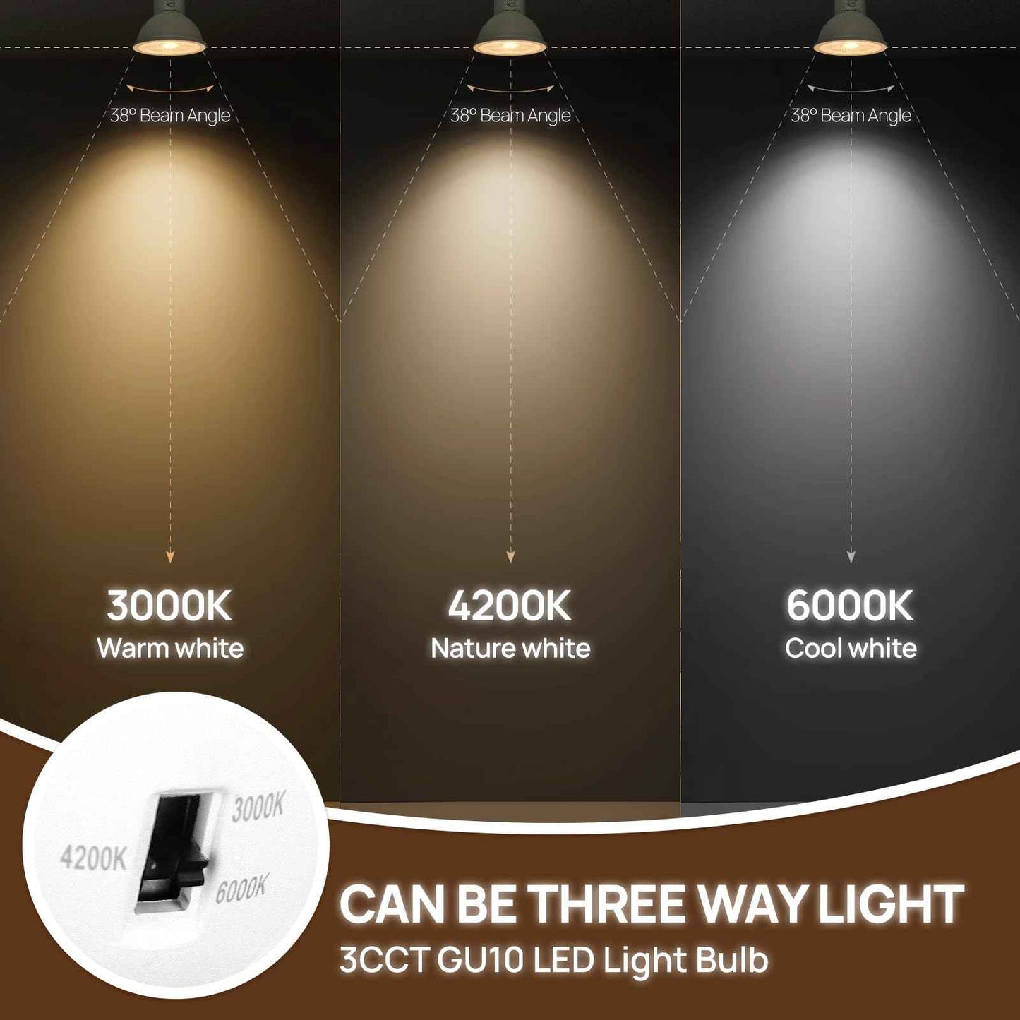 Zogluxme 6-Pack Dimmable GU10 LED Bulbs, 50W Equivalent, 3000K/4200K/6000K Adjustable White, 7W, 600 Lumens, Spotlight, Indoor, ABS & Aluminum, High Efficiency, 100-120V, 60Hz