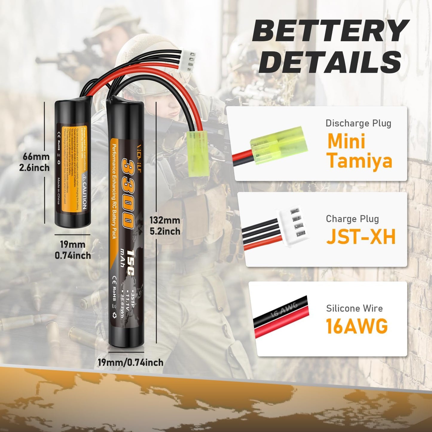 Skiennix 3300mAh Airsoft Battery - 11.1V Nunchuck Rechargeable for AEG AK47 M4 MP5 & More