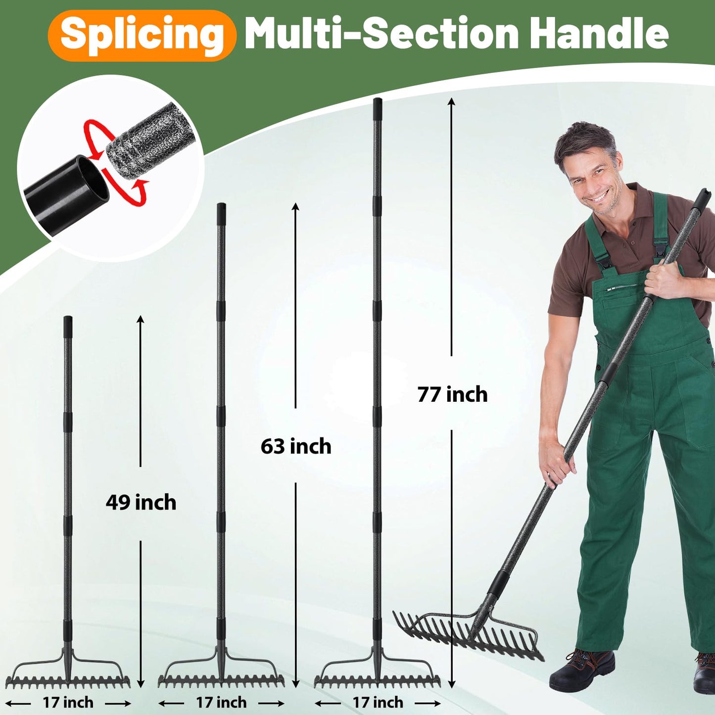 Rake, 17 Tines with 49 Inch Handle, 17 Inch Wide Heavy Duty Garden Thatch Leaf Rake for Raking Leaf Loosening Soil Gathering Mulch Leveling Rocks, Rustproof Metal Bow Rakes for Leaves Grass