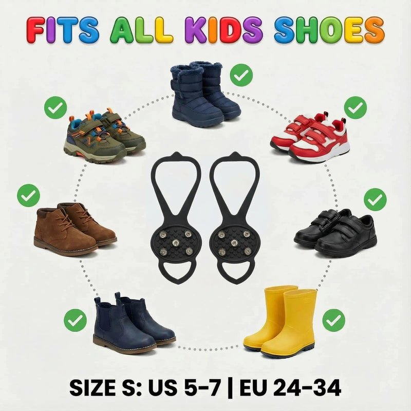 2 Pairs Black 5-Cleat Ice Grips for Shoes, Anti-Slip Cleats for Ice and Snow, Lightweight Spikes for Walking and Hiking, Secure Traction Grippers for Shoes & Boots in Size S (Kids’ Size 5-7)
