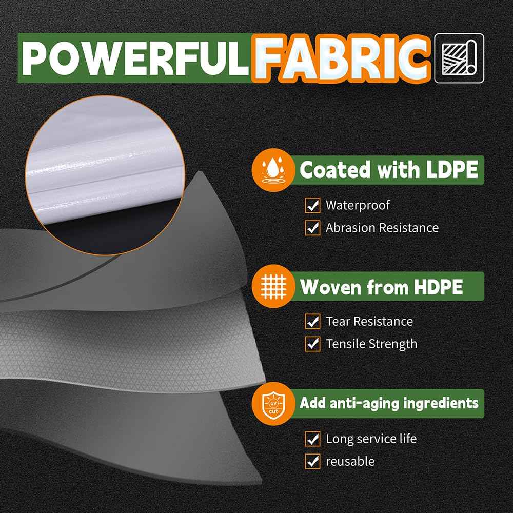 RAINDEWAY 12 Mil Heavy Duty White Tarp 20x20 Feet, UV Resistant, Waterproof, Weatherproof Poly Tarp with Metal Grommets and Reinforced Edges