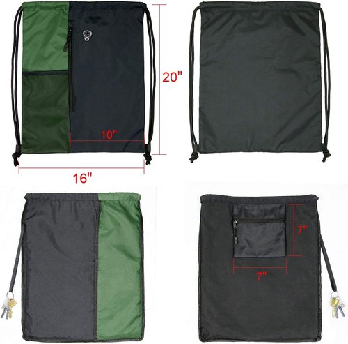 BeeGreen Drawstring Bag - Large Cinch Sackpack with Zipper & Water Bottle Mesh Pockets | Black/Green