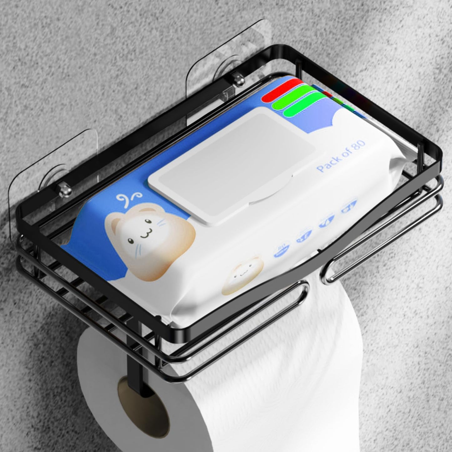 Adhesive Toilet Paper Holder Shelf - Wipes Storage Without Drilling, Stick on Toilet Paper Roll Holder, Waterproof Black