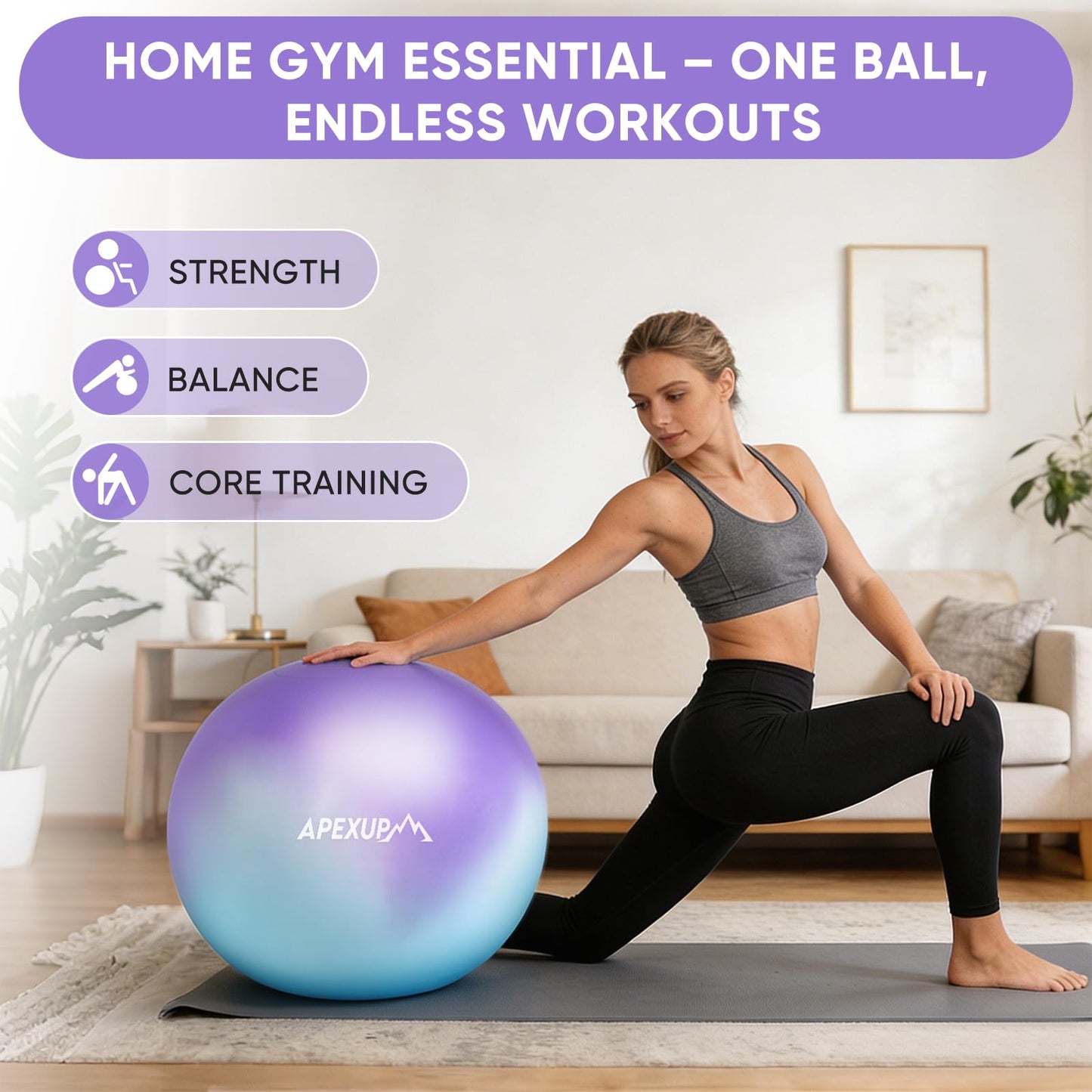 APEXUP Yoga Ball, 660 lbs Anti-Burst Exercise Ball with Pump, 5 Sizes (L(23"~26") 65cm, Blue Purple)