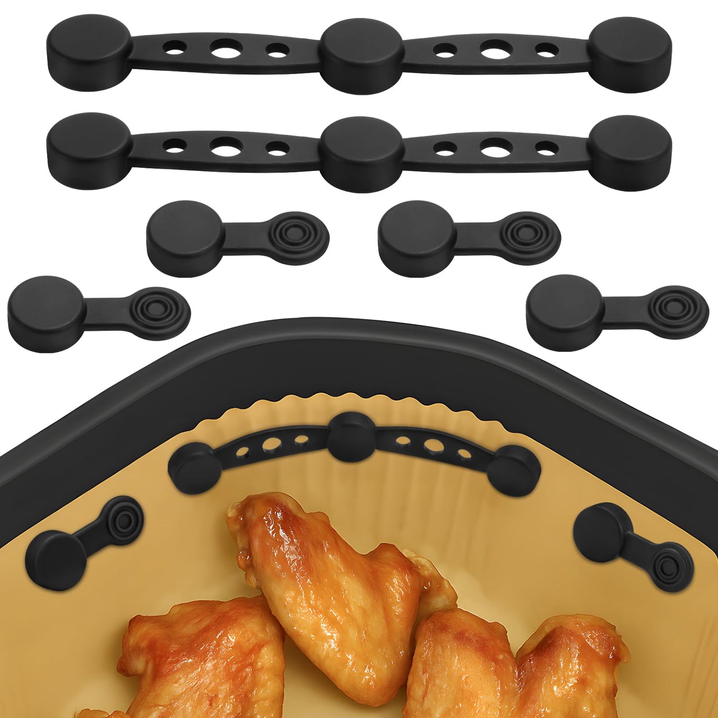 Air Fryer Magnet Silicone Buckles for Parchment Paper – 2 Pack Reusable Accessories for Disposable Basket Liners, Secure Baking Paper, Prevent Shifting & Burning (Black)