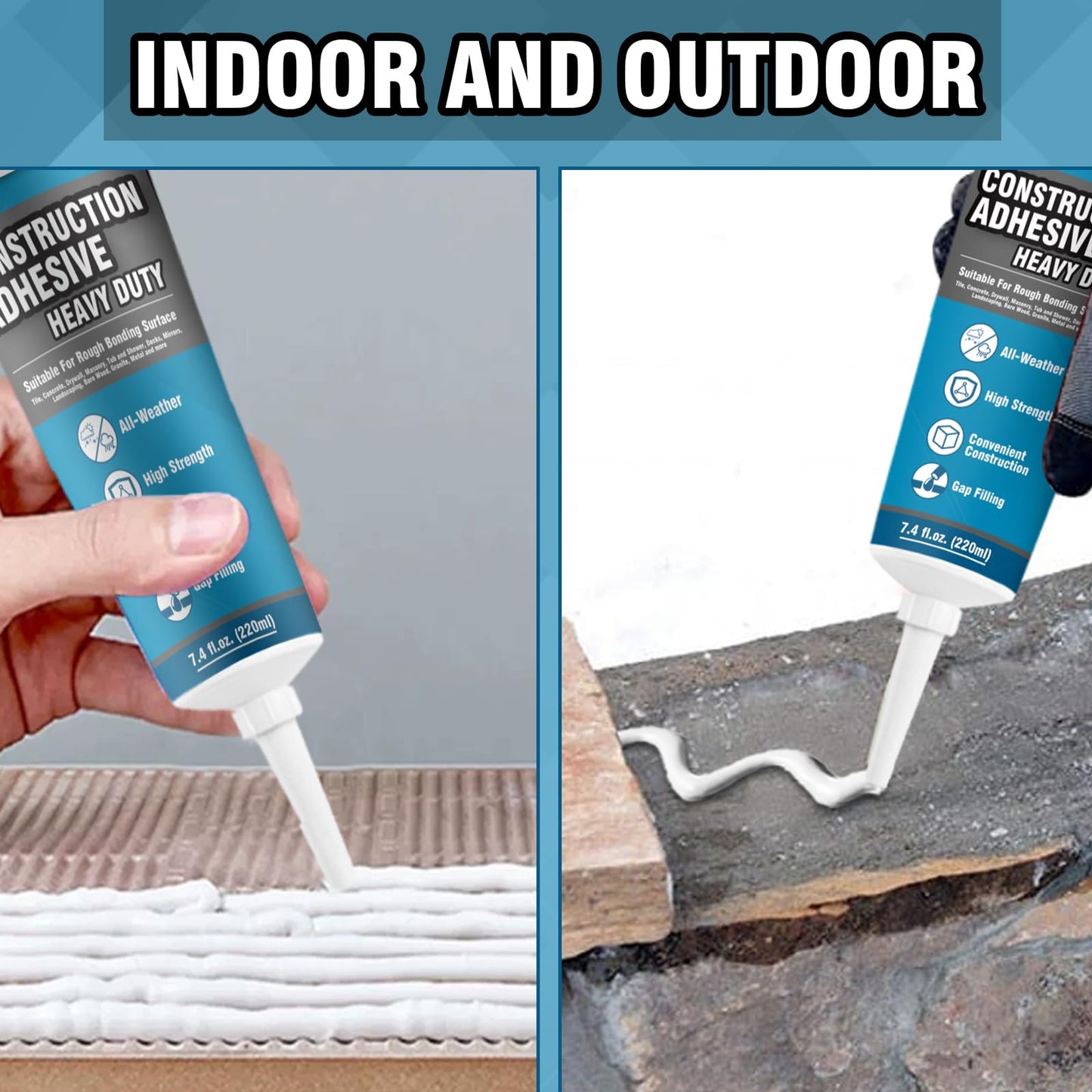 Construction Adhesive Heavy Duty, Cement Glue for Concrete, Floor, Wall, Stone, Wood and More, 7.4 Ounce Tile Squeeze Tube, Suitable for Rough Bonding Surface (220ml*1)