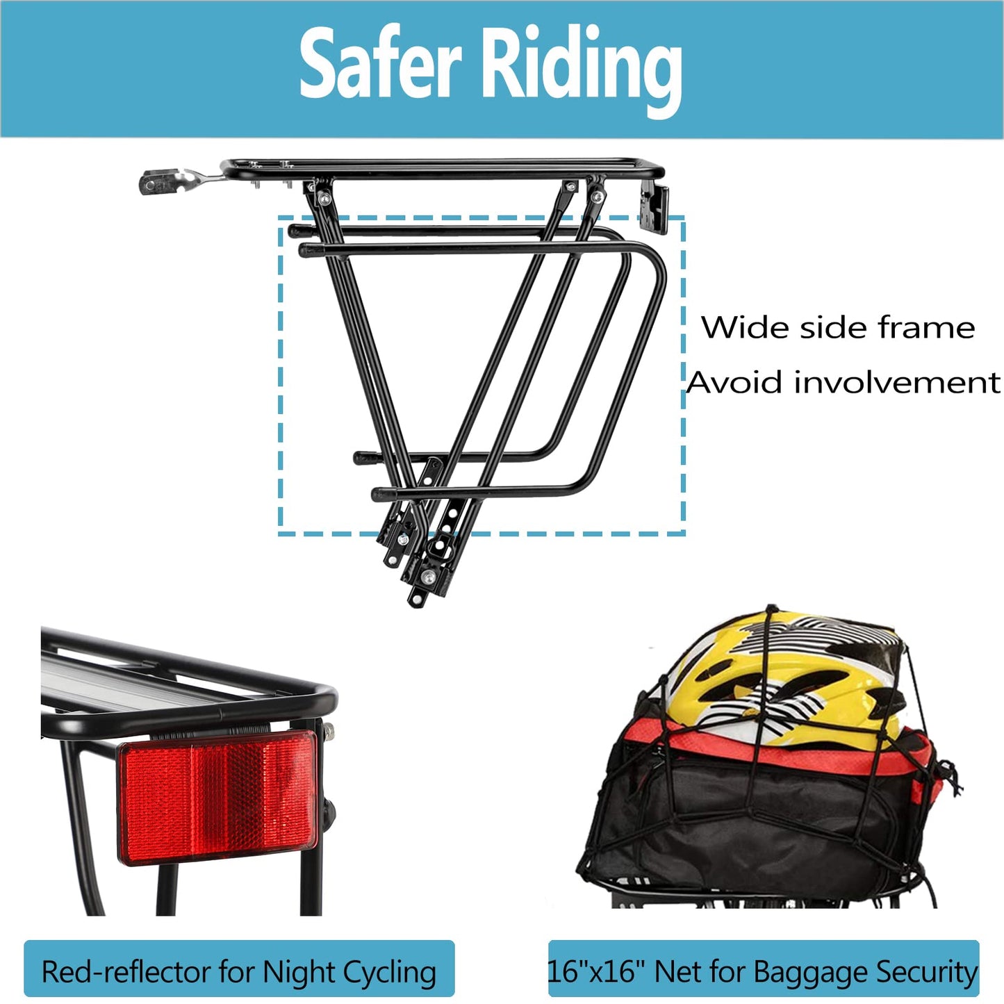 YONTUO Rear Bike Rack,Bike Cargo Rack,Bicycle Pannier Rack with Reflector and Cargo Net,Height Adjustable Fit 26”-29” and 700c Bike with Non-disc Brake,BCR04