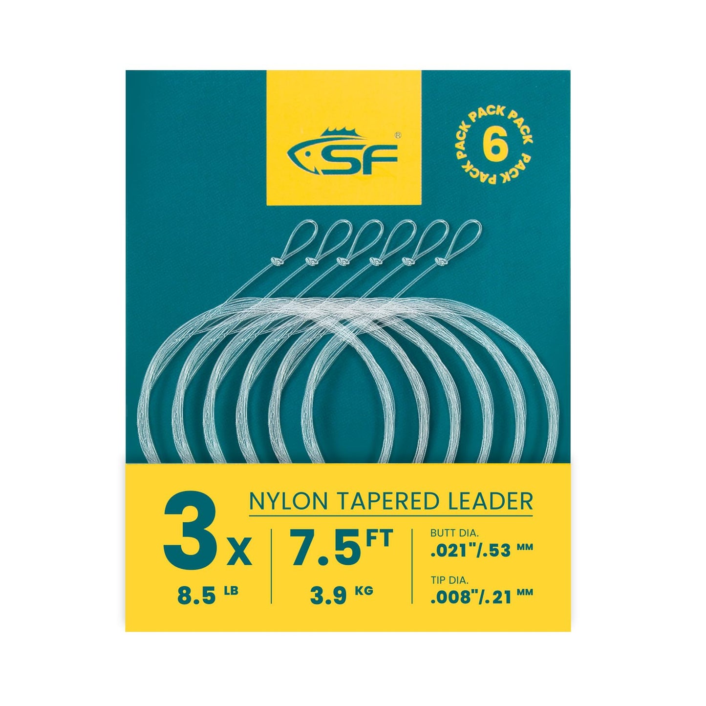 SF 6PCS Pre Tied Loop Fly Tapered Leader Nylon Fly Fishing Trout Leader Line 7.5FT-3X