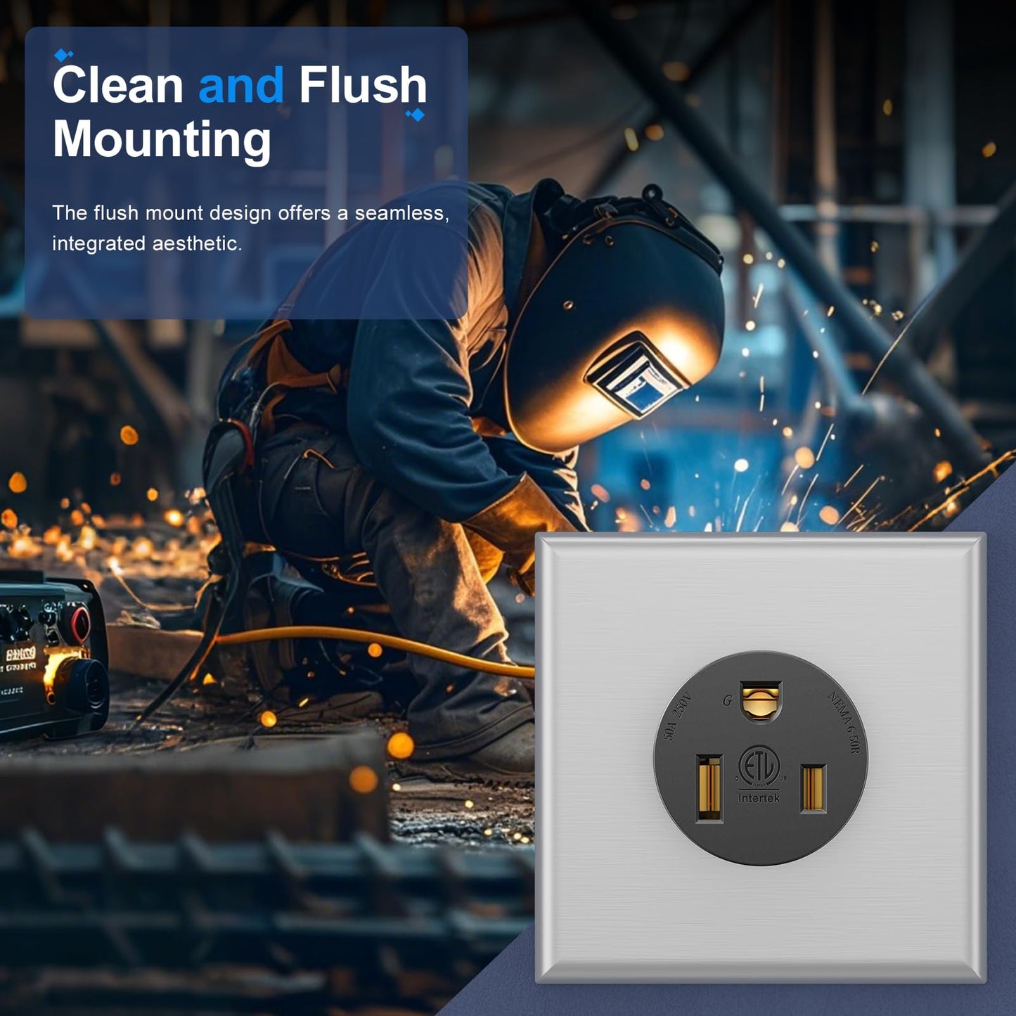 NEMA 6-50R Receptacle 50A Welder Wall Socket 250V 240V 220V Outlet Flush Mount Grounding Side Wired Industrial Grade for EV Charger Heater Plasma Cutters Electric Stove ETL Listed