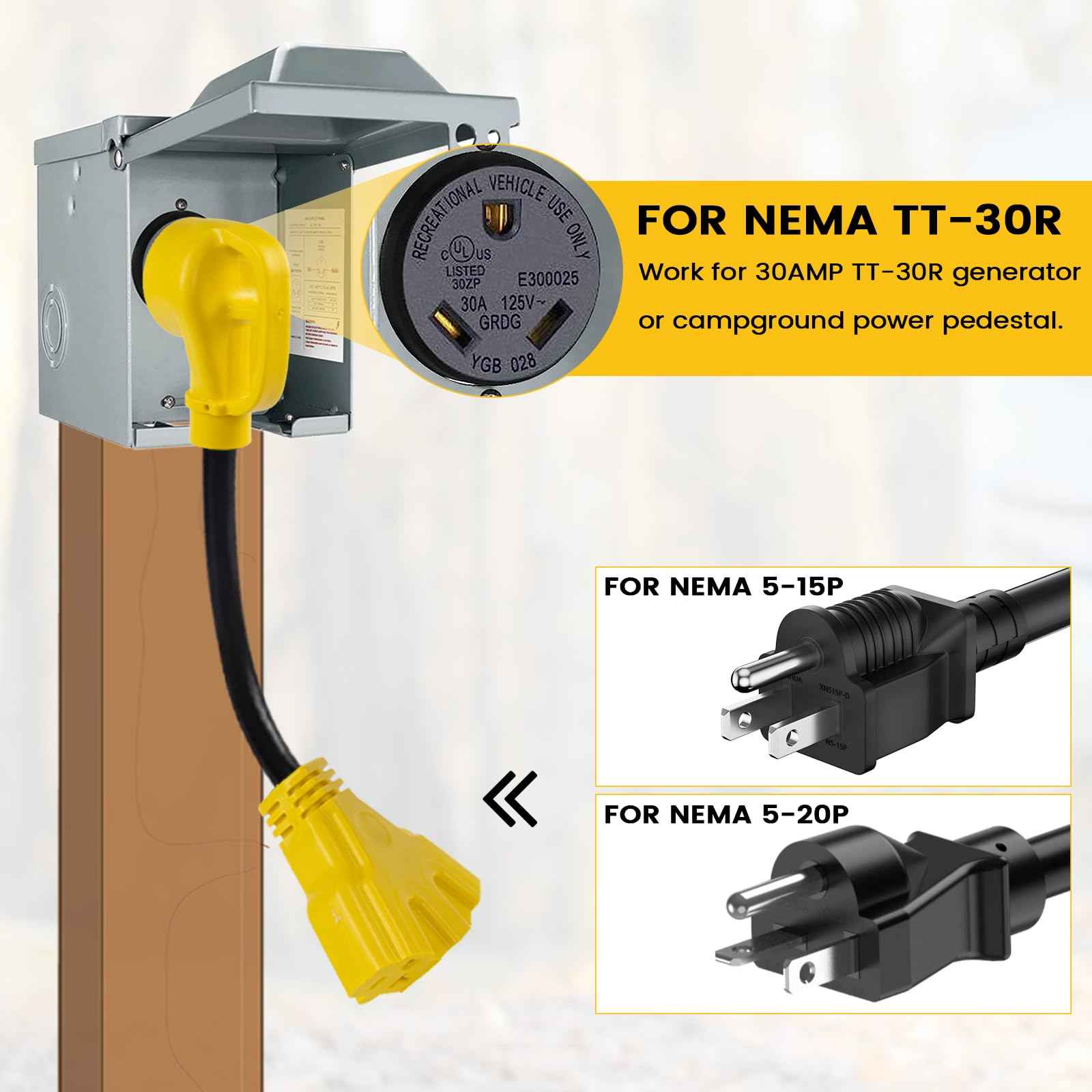 KANGIKX 30 Amp to 110V 20 Amp RV Distribution Adapter, NEMA TT-30P Male to 3X5-15/20R Female RV Generator Adapter Cord, 30 to 20Amp 125V 3-Prong to Multiple Household Outlet 1.6FT