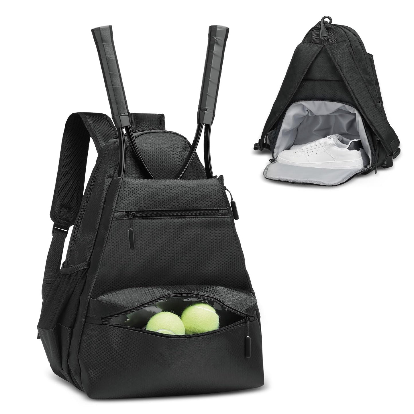 SUIKIHUM Tennis Backpack for 2 Rackets, Waterproof Tennis Bag with Shoe Compartment, Wet/Dry Pocket, Fence Hook, for Tennis, Pickleball, Badminton, Black