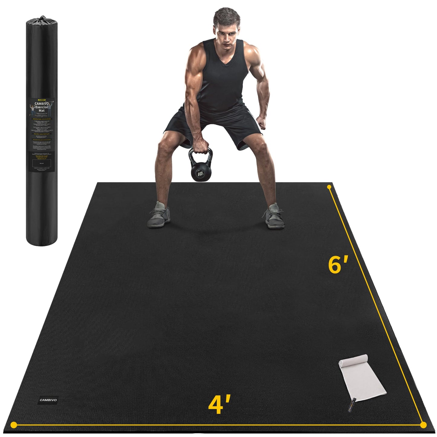 CAMBIVO Large Exercise Mat for Home Gym, 8'x6'/7'x5'/6'x4' (7mm) High-Density PVC Extra Thick Workout Mat, Non-Slip Shoe-Friendly Gym Flooring Mat for Jump Rope, Weights, Cardio, Garage & Home Workout (Ink Black)