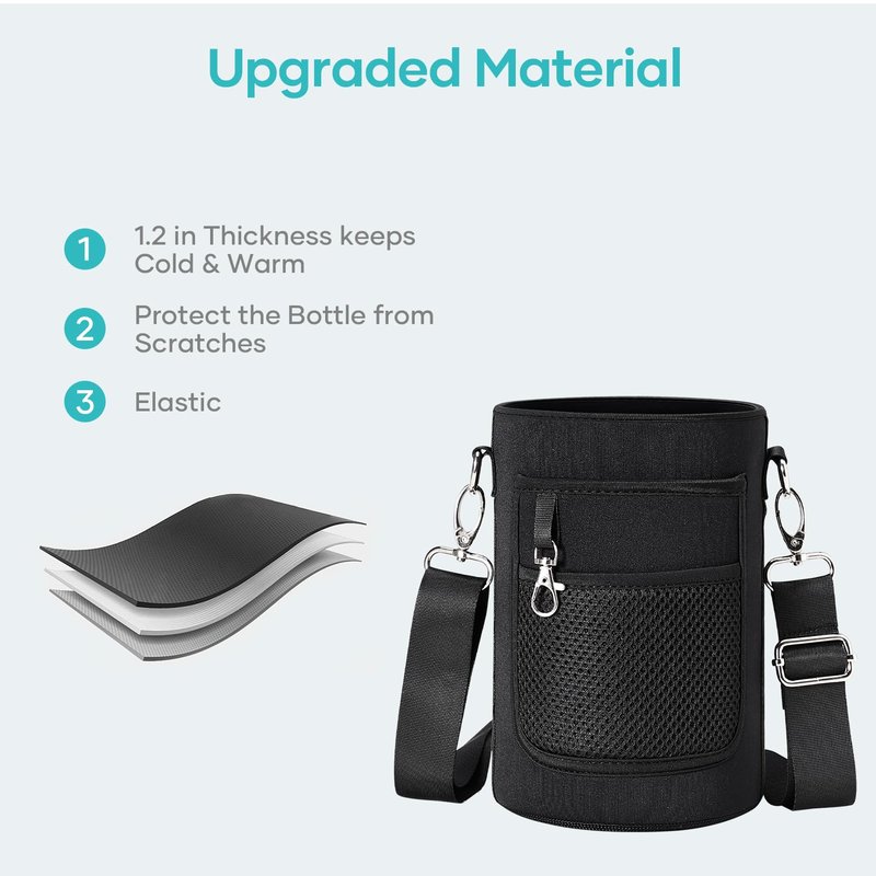 BUZIO Water Bottle Holder Carrying Pouch for Hydroflask 128oz Insulated Bottle- Carry Bag Sleeve with Phone Pocket and Adjustable Padded Shoulder Strap for Men Women Hiking Running Travelling