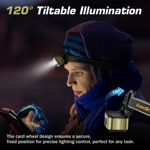 EverBrite 400LM Rechargeable Headlamp, 1.59 oz Lightweight & Comfortable Head Lamp with Hat Clip, IP67 Waterproof, White/Red/Green Light, 7 Modes for Running, Camping and Backpacking-Green
