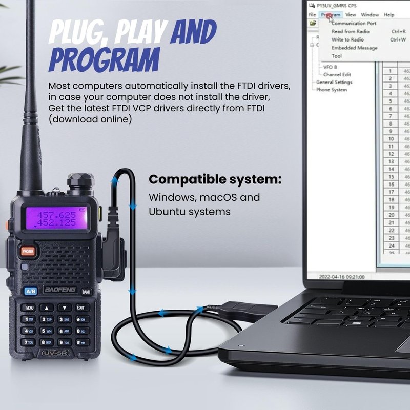 TNP FTDI Programming Cable - USB 2 Pin for Baofeng Programming Cable, Btech, Wouxun, Radioddity & Kenwood Two Way Radios - 3 FT Plug and Play, Durable Ham Radio CHIRP Compatible with Windows Mac Linux