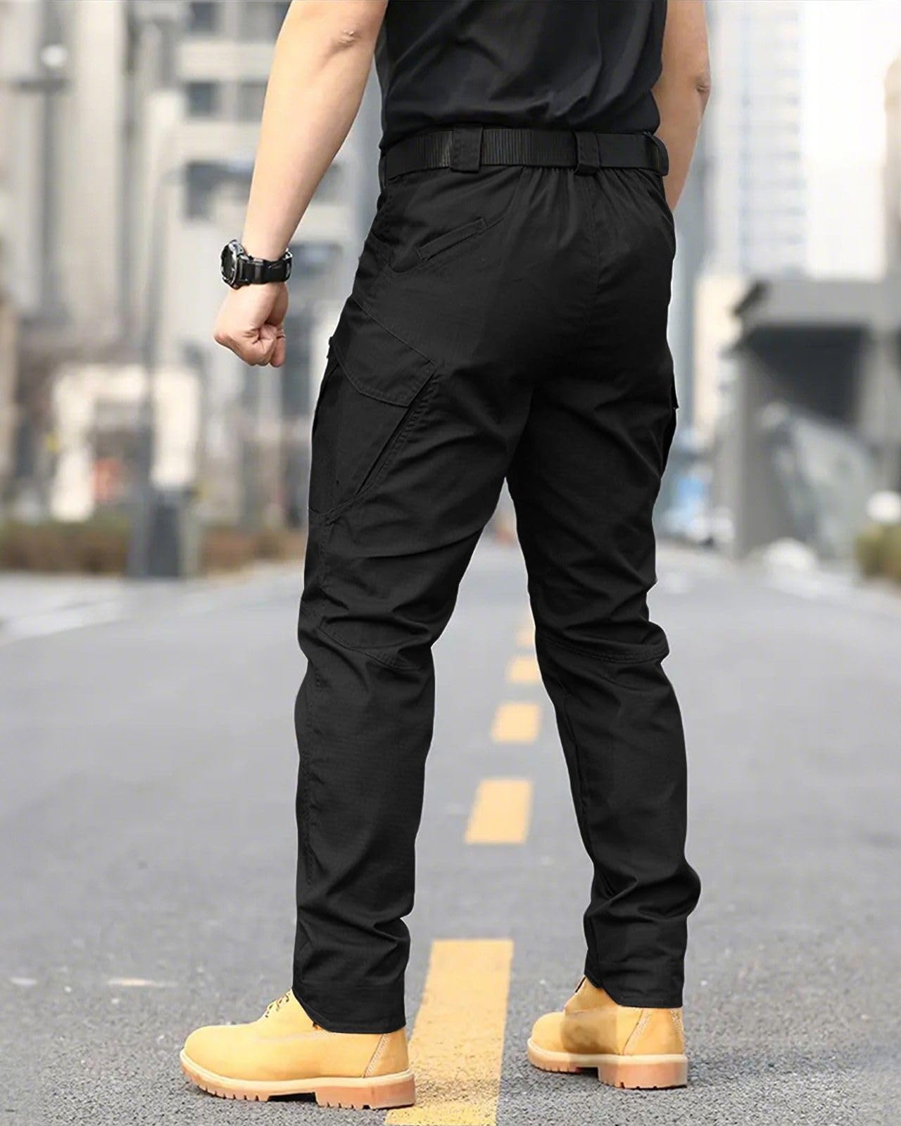 Boonlight Men's Lightweight Quick-Dry Tactical Pants, Water Resistant Hiking Pants with Multiple Pockets for Outdoor & Work (No Belt), Black