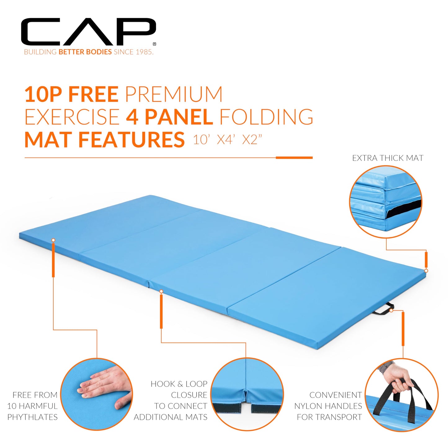 CAP Barbell Folding Exercise Mat – Durable, Anti-Tear, Thick Padding for Fitness, Aerobics, Gymnastics & Home Workouts. 10' x 4' x 2" thick BLUE