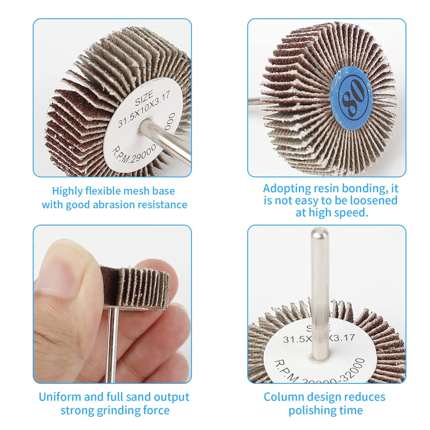 20 Pcs Dremel Flap Wheel Sandpaper - 80 Grit, 1/8" Shank for Drill, Grinder, Rotary Tool