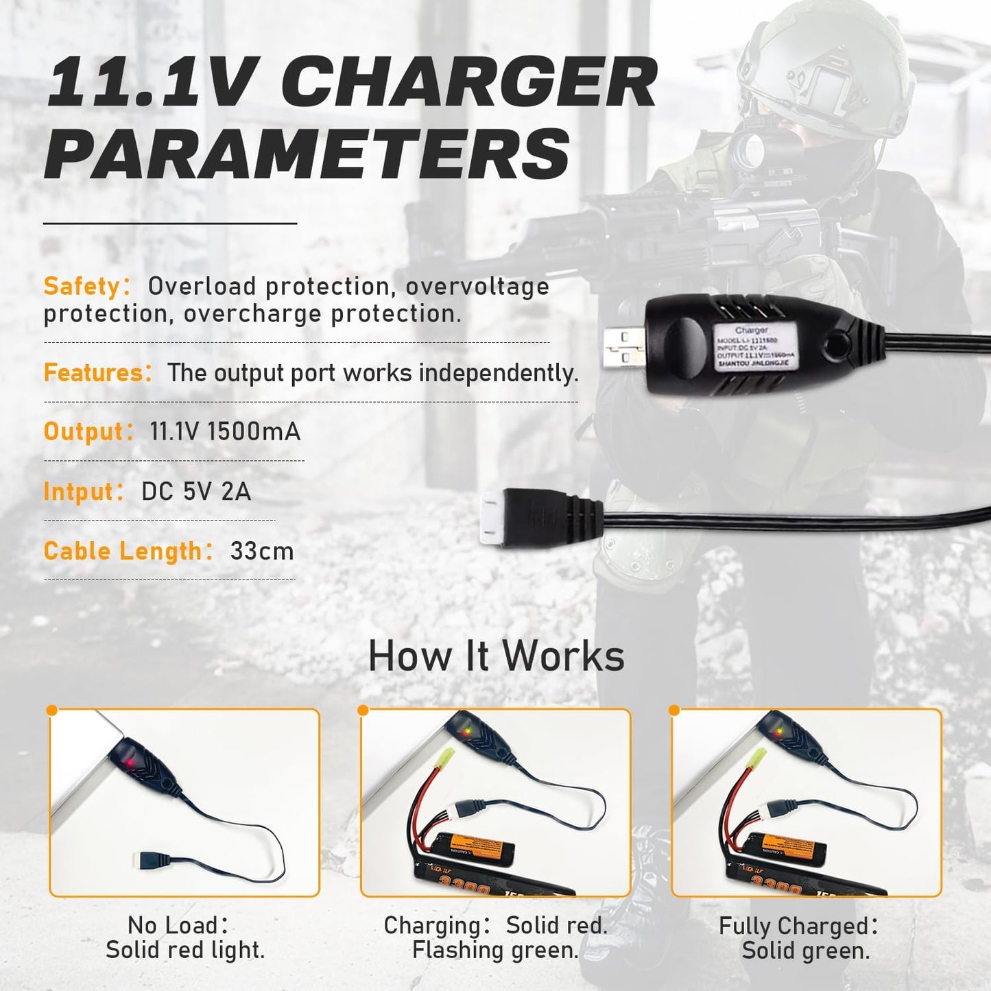 Skiennix 3300mAh Airsoft Battery - 11.1V Nunchuck Rechargeable for AEG AK47 M4 MP5 & More