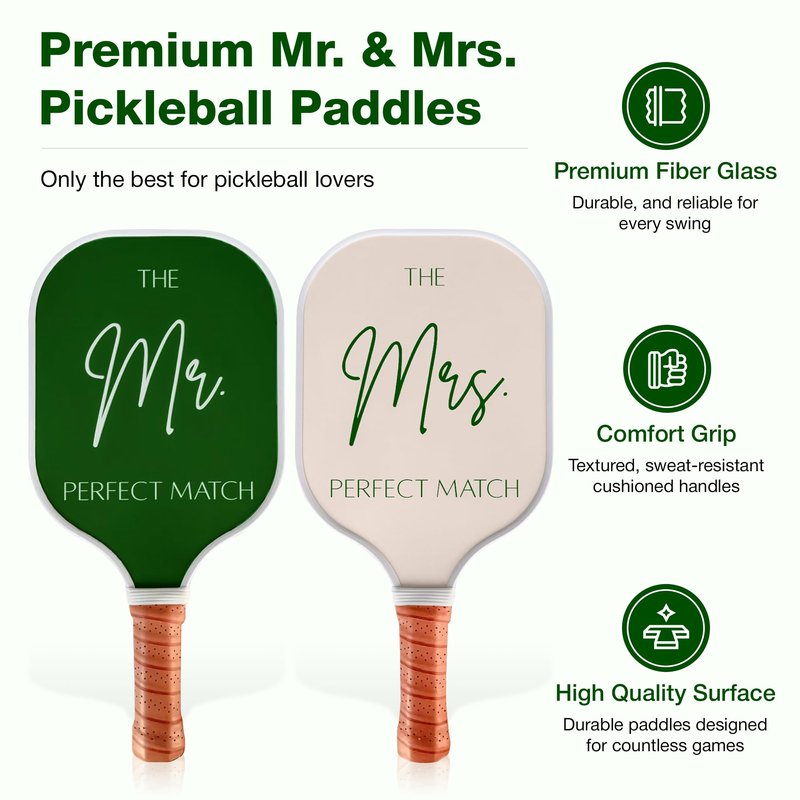 Mr & Mrs Pickleball Paddle Set for Couples (His & Hers) – Cute Engagement Gift, Wedding Set, Fiberglass Paddles, Carry Bag + 2 Pickleballs