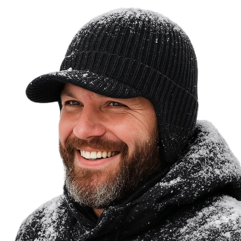 Plus Size M/L/XL/XXL Waterproof Merino Wool Beanie Hat with Brim Ear Flaps Fleece Lined Ski Cap for Cold Weather & Big Heads Black