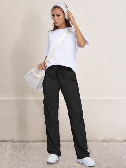Tapata Tall Womens 34" Inseam Lightweight Cargo Dance Studio Pants with 4 Pockets Pinstripe Joggers for Lounge, Black, M